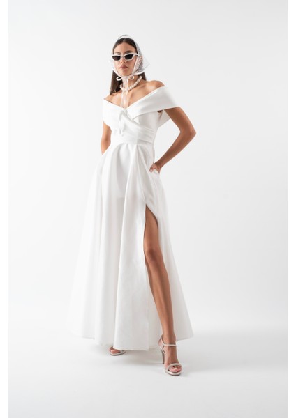 Rinetto Madonna Yaka Kloş Uzun Abiye Elbise Beyaz