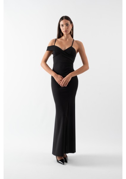 Lemmon Ince Askılı Uzun Abiye Elbise Siyah