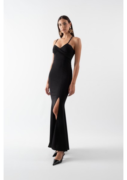 Lemmon Ince Askılı Uzun Abiye Elbise Siyah fırsatları