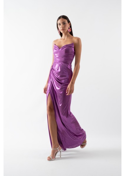 Odobella Kalp Yaka Straplez Anvelop Uzun Abiye Elbise Menekse