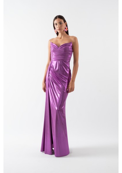 Odobella Kalp Yaka Straplez Anvelop Uzun Abiye Elbise Menekse fiyatları