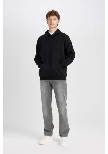 Oversize Geniş Kalıp Kapüşonlu Cepli Basic Düz Sweatshirt Y1237AZ24AU