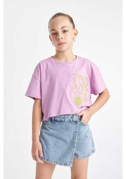 Kız Çocuk Crop Bisiklet Yaka Baskılı Kısa Kollu Tişört C4506A824SM