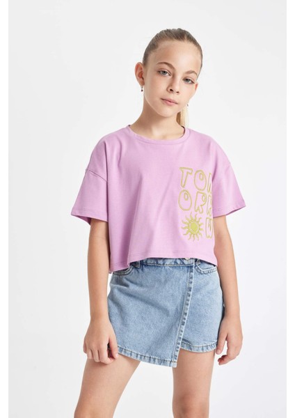 Kız Çocuk Crop Bisiklet Yaka Baskılı Kısa Kollu Tişört C4506A824SM