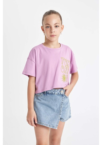 Kız Çocuk Crop Bisiklet Yaka Baskılı Kısa Kollu Tişört C4506A824SM