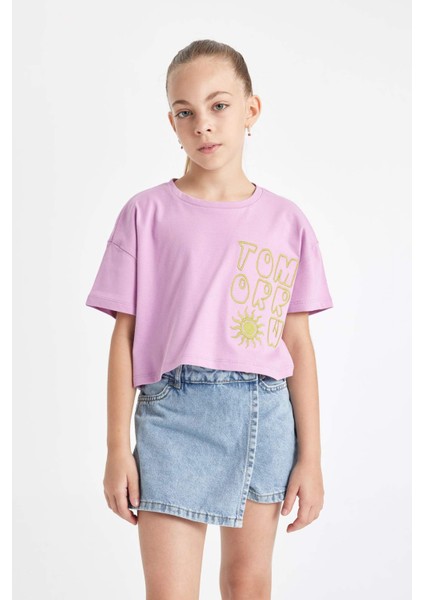 Kız Çocuk Crop Bisiklet Yaka Baskılı Kısa Kollu Tişört C4506A824SM