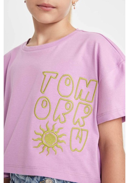 Kız Çocuk Crop Bisiklet Yaka Baskılı Kısa Kollu Tişört C4506A824SM