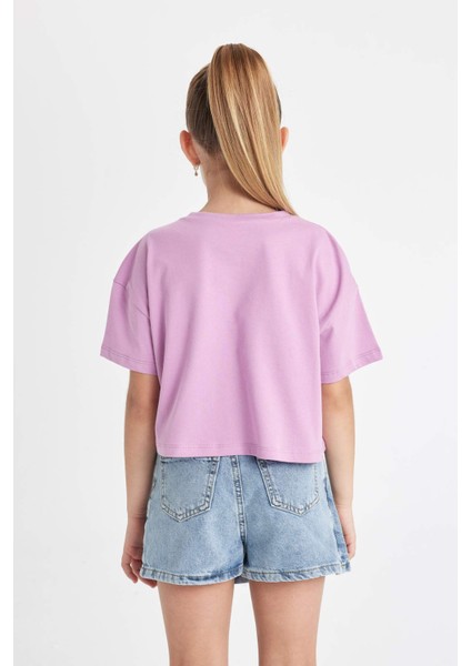 Kız Çocuk Crop Bisiklet Yaka Baskılı Kısa Kollu Tişört C4506A824SM