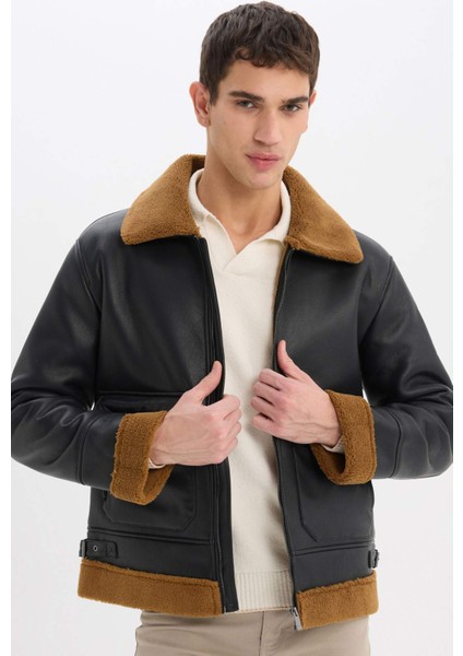 Su İtici Slim Fit Dar Kesim Polo Yaka Suni Kürk Astarlı Cepli Fermuarlı Kürk Yakalı Mont D1182AX24WN