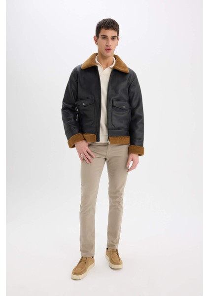 Su İtici Slim Fit Dar Kesim Polo Yaka Suni Kürk Astarlı Cepli Fermuarlı Kürk Yakalı Mont D1182AX24WN