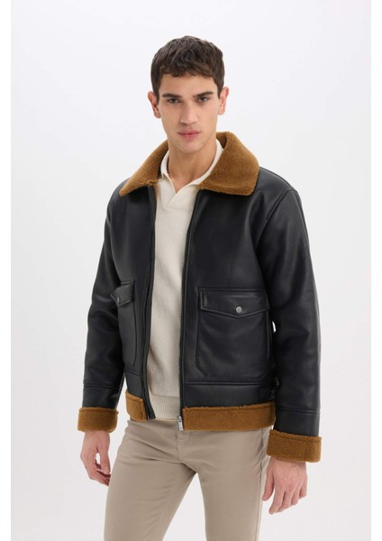 Su İtici Slim Fit Dar Kesim Polo Yaka Suni Kürk Astarlı Cepli Fermuarlı Kürk Yakalı Mont D1182AX24WN