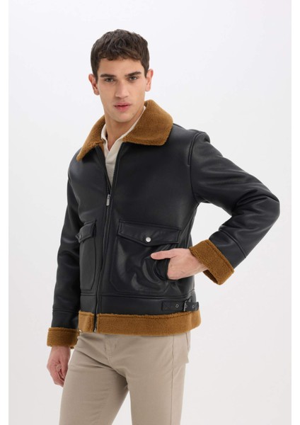 Su İtici Slim Fit Dar Kesim Polo Yaka Suni Kürk Astarlı Cepli Fermuarlı Kürk Yakalı Mont D1182AX24WN