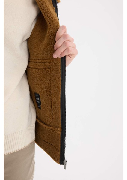 Su İtici Slim Fit Dar Kesim Polo Yaka Suni Kürk Astarlı Cepli Fermuarlı Kürk Yakalı Mont D1182AX24WN