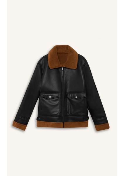 Su İtici Slim Fit Dar Kesim Polo Yaka Suni Kürk Astarlı Cepli Fermuarlı Kürk Yakalı Mont D1182AX24WN