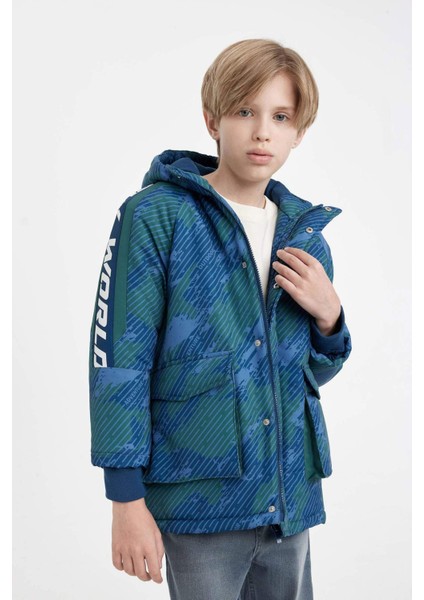 Erkek Çocuk Su Geçirmez Kapüşonlu Fermuarlı Çıtçıtlı Cepli Mont Parka C5521A824WN