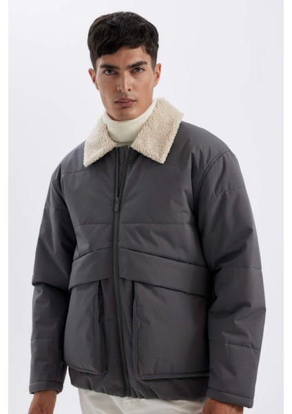 Su İtici Rüzgar Geçirmez Slim Fit Dar Kesim Suni Kürklü Polo Yaka Astarlı Fermuarlı Cepli Mont D1187AX24WN