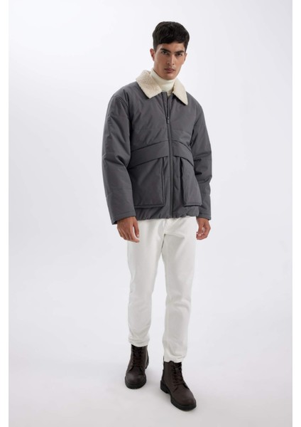 Su İtici Rüzgar Geçirmez Slim Fit Dar Kesim Suni Kürklü Polo Yaka Astarlı Fermuarlı Cepli Mont D1187AX24WN