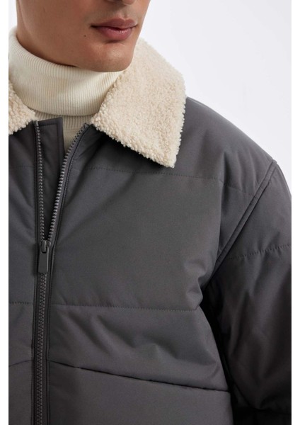 Su İtici Rüzgar Geçirmez Slim Fit Dar Kesim Suni Kürklü Polo Yaka Astarlı Fermuarlı Cepli Mont D1187AX24WN