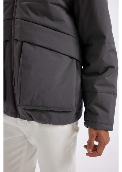 Su İtici Rüzgar Geçirmez Slim Fit Dar Kesim Suni Kürklü Polo Yaka Astarlı Fermuarlı Cepli Mont D1187AX24WN