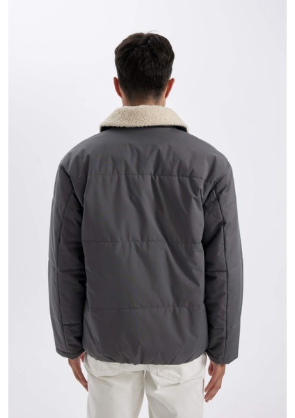 Su İtici Rüzgar Geçirmez Slim Fit Dar Kesim Suni Kürklü Polo Yaka Astarlı Fermuarlı Cepli Mont D1187AX24WN