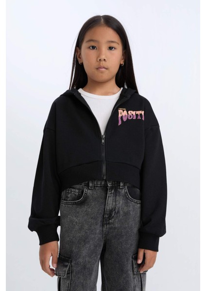 Kız Çocuk Baskılı Kapüşonlu İçi Yumuşak Tüylü Fermuarlı Sweatshirt D1569A824WN