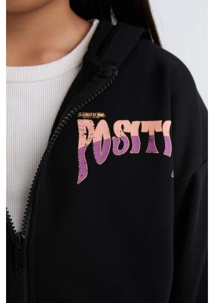 Kız Çocuk Baskılı Kapüşonlu İçi Yumuşak Tüylü Fermuarlı Sweatshirt D1569A824WN