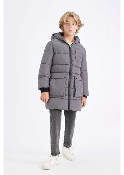 Erkek Çocuk Su Geçirmez Kapüşonlu Fermuarlı Cepli Polar Astarlı Parka C8801A824CW