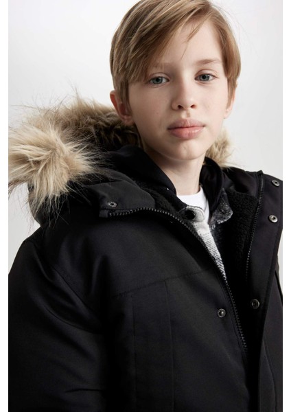Erkek Çocuk Parka Mont Çıkarılabilir Suni Kürk Yaka Kapüşonlu Pelüş Astar C8783A824WN