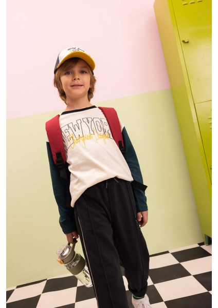 Erkek Çocuk Oversize Geniş Kalıp Bisiklet Yaka Yazı Baskılı Uzun Kollu Okul Tişörtü C9286A824AU