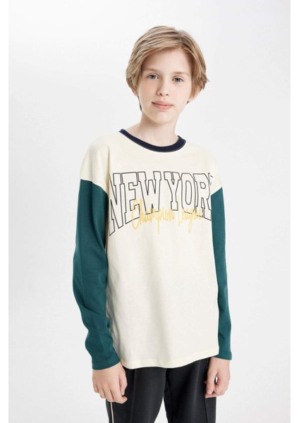 Erkek Çocuk Oversize Geniş Kalıp Bisiklet Yaka Yazı Baskılı Uzun Kollu Okul Tişörtü C9286A824AU