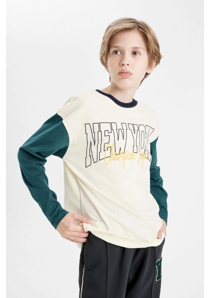 Erkek Çocuk Oversize Geniş Kalıp Bisiklet Yaka Yazı Baskılı Uzun Kollu Okul Tişörtü C9286A824AU