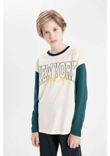 Erkek Çocuk Oversize Geniş Kalıp Bisiklet Yaka Yazı Baskılı Uzun Kollu Okul Tişörtü C9286A824AU