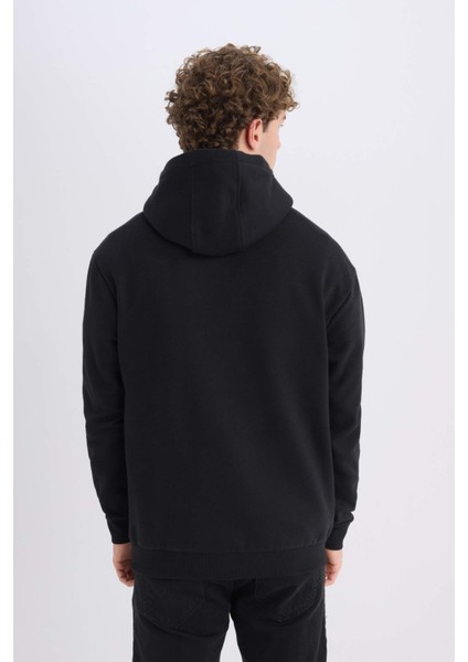 Siyah Relax Fit Kapüşonlu Baskılı Kalın Sweatshirt D2682AX24AU