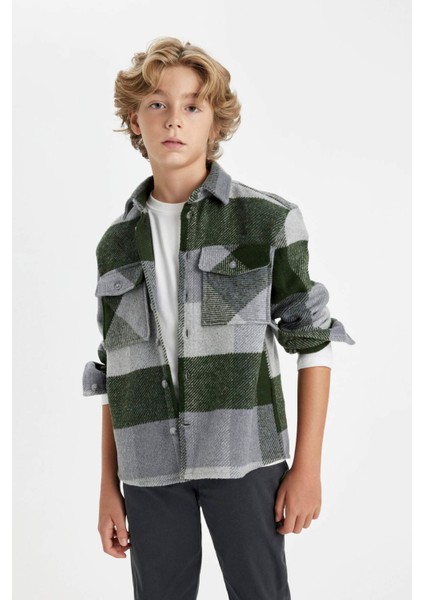 Erkek Çocuk Oversize Geniş Kalıp Kareli Polo Yaka Flanel Uzun Kollu Gömlek C9732A824WN