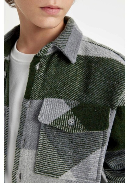 Erkek Çocuk Oversize Geniş Kalıp Kareli Polo Yaka Flanel Uzun Kollu Gömlek C9732A824WN