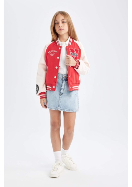 Kız Çocuk Nakışlı Kolej Yaka Çıtçıt Kapamalı Çift Cepli Mevsimlik İçi Yumuşak Tüylü Bomber Ceket D1938A824AU