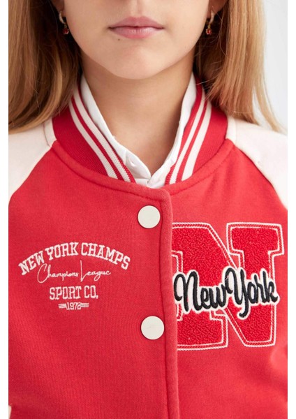 Kız Çocuk Nakışlı Kolej Yaka Çıtçıt Kapamalı Çift Cepli Mevsimlik İçi Yumuşak Tüylü Bomber Ceket D1938A824AU