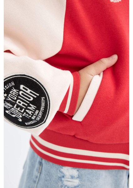 Kız Çocuk Nakışlı Kolej Yaka Çıtçıt Kapamalı Çift Cepli Mevsimlik İçi Yumuşak Tüylü Bomber Ceket D1938A824AU