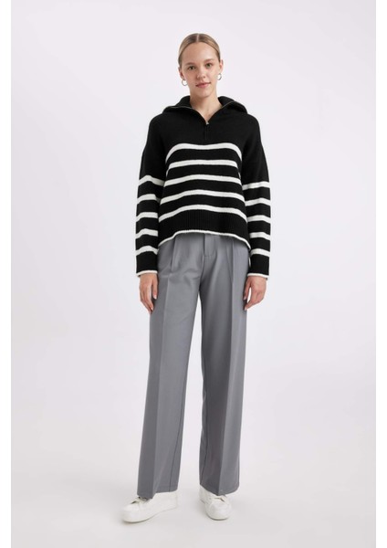 Oversize Geniş Kalıp Çizgili Yarım Fermuarlı Dik Yaka Triko Kazak A7173AX24WN