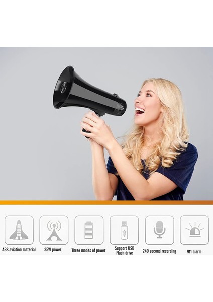 35 Watt Güç Taşınabilir Megafon Hoparlör Pa Bullhorn Söndürülebilir El Mikrofonu, Yerleşik Siren (Siyah) (Yurt Dışından) fiyatları