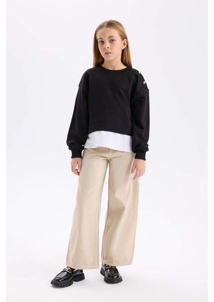 Kız Çocuk Wide Leg Geniş Bol Paça Pamuklu Cepli Bej Pantolon C8777A824AU