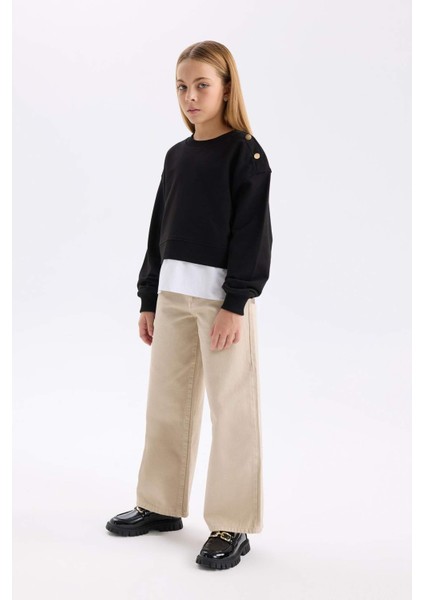 Kız Çocuk Wide Leg Geniş Bol Paça Pamuklu Cepli Bej Pantolon C8777A824AU