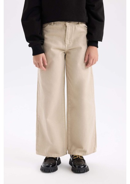 Kız Çocuk Wide Leg Geniş Bol Paça Pamuklu Cepli Bej Pantolon C8777A824AU