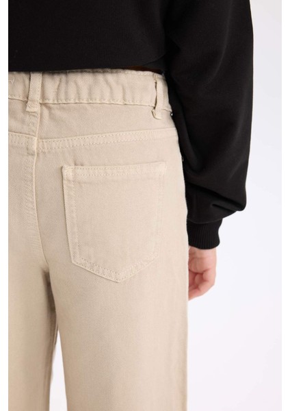 Kız Çocuk Wide Leg Geniş Bol Paça Pamuklu Cepli Bej Pantolon C8777A824AU