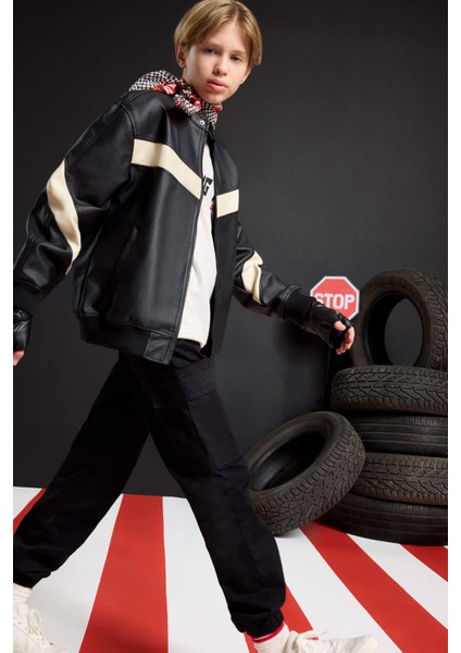 Erkek Çocuk Kargo Cepli Beli Bağcıklı Lastikli Paça Cepli Siyah Jogger Gabardin Pantolon A9393A824AU