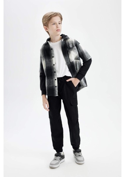 Erkek Çocuk Kargo Cepli Beli Bağcıklı Lastikli Paça Cepli Siyah Jogger Gabardin Pantolon A9393A824AU