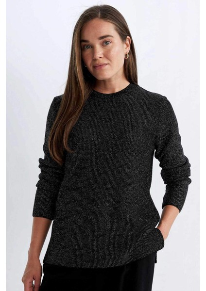 Regular Fit Bisiklet Yaka Simli Kumaş Triko Kazak D0405AX24WN