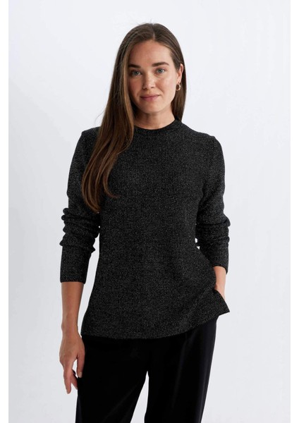 Regular Fit Bisiklet Yaka Simli Kumaş Triko Kazak D0405AX24WN