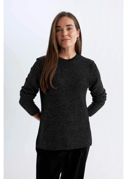 Regular Fit Bisiklet Yaka Simli Kumaş Triko Kazak D0405AX24WN