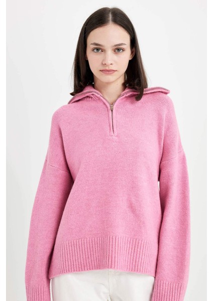 Oversize Geniş Kalıp Yarım Fermuarlı Dik Yaka Triko Kazak A8180AX24WN